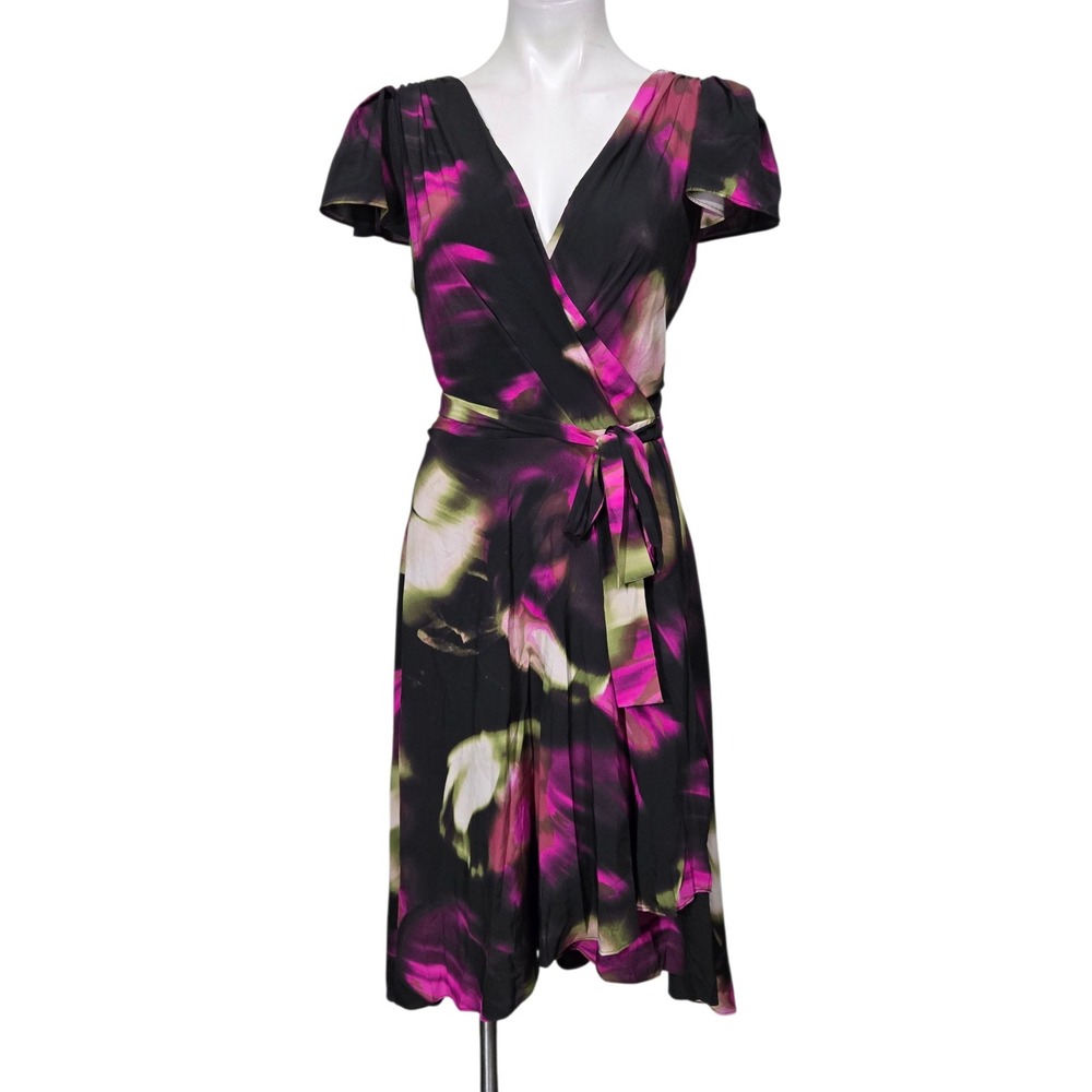 Andrew Marc Midi Dress 12 Black  Abstract Floral Faux Wrap  fall church office